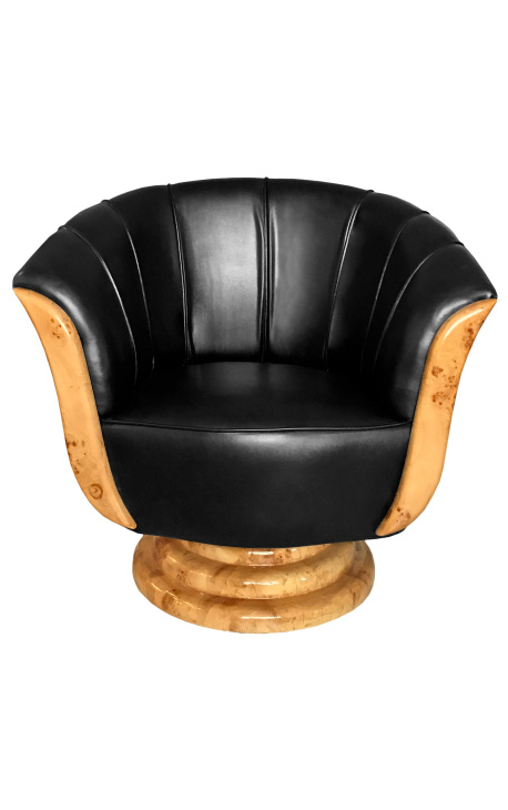 Fauteuil "Tulipe" de style art déco loupe d'orme et simili cuir noir