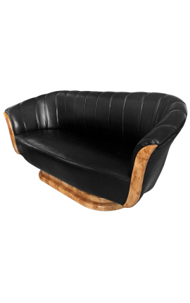 Sofa &quot;Tulip&quot; 3 seater art deco style elm and black leatherette