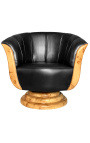 Fauteuil "Tulipe" de style art déco loupe d'orme et simili cuir noir