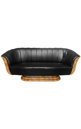 Sofa "Tulip" 3-Sitzer im Art-Deco-Stil, Ulme und schwarzes Kunstleder