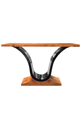 Art Deco style console in elm burl and black lacquered stand