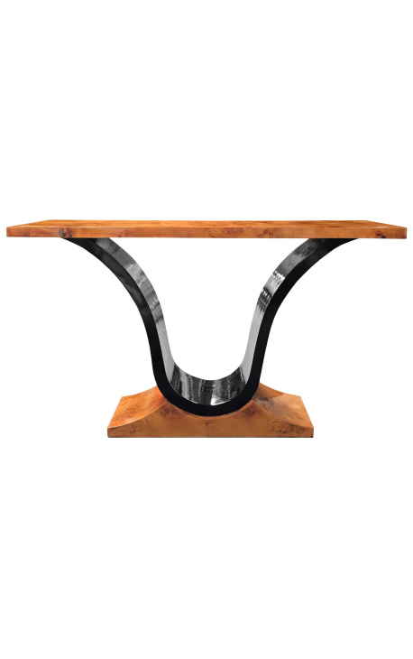 Consola de estilo Art Deco en olmo burl y soporte lacado negro