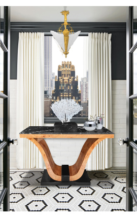 Art Deco-konsol med indlagt elmetræ og sort marmor