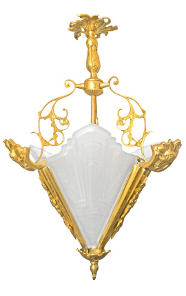 Art Deco stiliaus sietynas su 3 šonais iš bronzos ir matinio stiklo