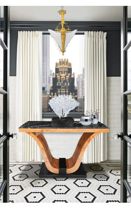 Kronleuchter im Art-Deco-Stil mit 3 Seiten aus Bronze und Milchglas