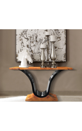 Consola de estilo Art Deco en olmo burl y soporte lacado negro