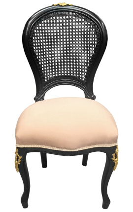 Chaise de style Louis XV cannée, tissu lin beige et bois satiné noir