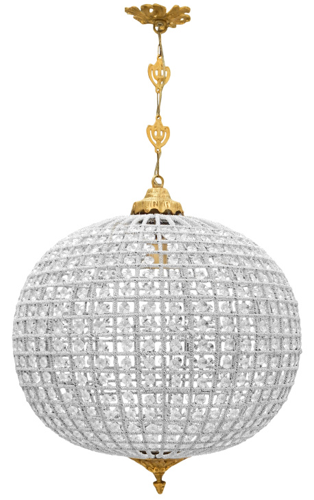 Grande lampadario a sfera con gocce in vetro trasparente con bronzi