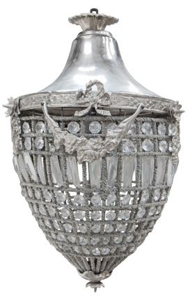 Grande lampadario con pendagli in vetro trasparente con bronzi argentati