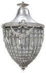 Grande lampadario con pendagli in vetro trasparente con bronzi argentati