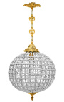 Lustre boule à pampilles verre transparente avec bronzes dorés