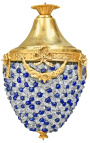 Żyrandol z niebieskimi kulkami i przezroczystym dmuchanym szkłem ze złotym brązem
