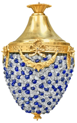 Lampadario con gocce a sfera in vetro blu e bianco con bronzi