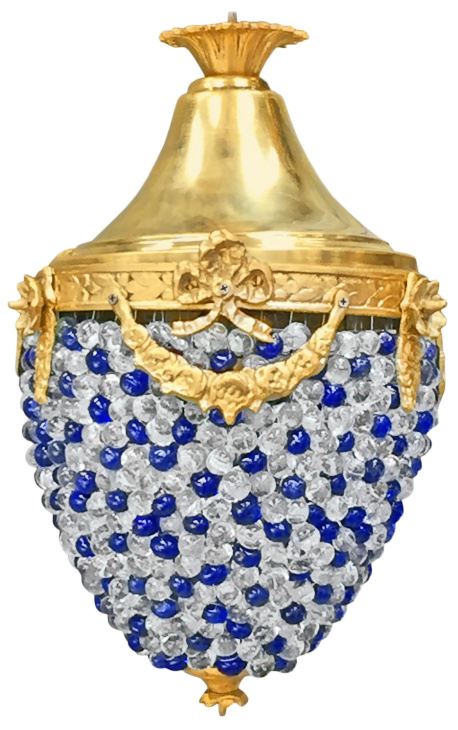 Chandelier with balls blue and clear blown glass with gold bronze