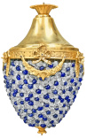 Kronleuchter mit blauen Kugeln und klarem geblasenem Glas mit Goldbronze