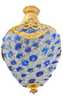 Lustre à pampilles verre bleu et blanches avec bronzes