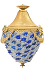 Lustre à pampilles verre bleu et blanches avec bronzes