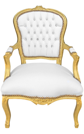 Barok lænestol af hvidt kunstlæder i Louis XV-stil med rhinsten og guldtræ