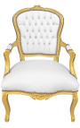 Baroka krēsls ar baltu ādas segumu Ludvika XV stila stilā ar rhinestones un zelta koka