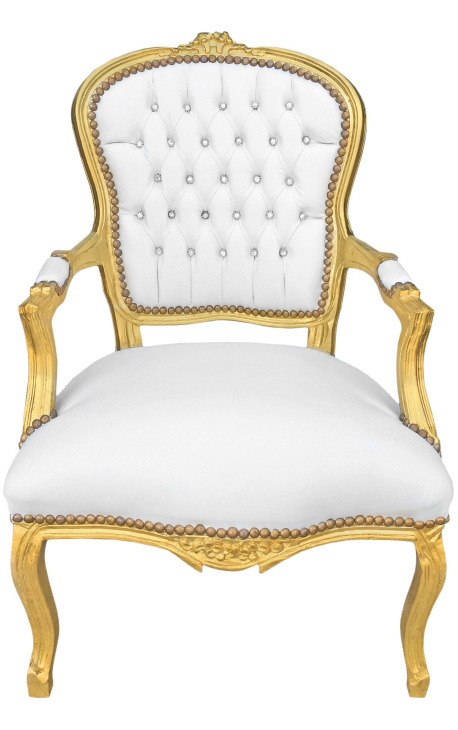 Baroque armchair of Louis XV style white faux leather with rhinestones and gold wood