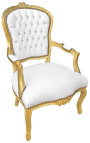 Barokinis Liudviko XV stiliaus baltos odos fotelis su cirkonio ir aukso mediena