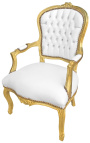 Barokinis Liudviko XV stiliaus baltos odos fotelis su cirkonio ir aukso mediena