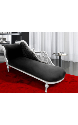 Large baroque chaise longue with a swan black velvet and silver wood