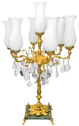 Kandelabra z bronzového a mramoru so sklenenými kvapkami