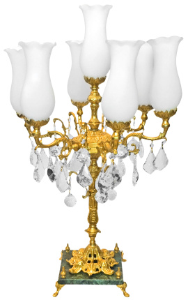 Candelabro in bronzo e marmo con pendagli in vetro