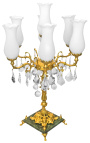 Candelabro in bronzo e marmo con pendagli in vetro