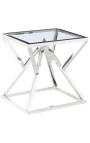 Side table "Calypso" in silver-finish stainless steel and glass top