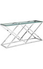 Console "Nyx" in silver finish stainless steel and glass top