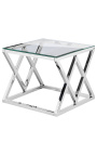 Side table "Nyx" in silver finish stainless steel and glass top
