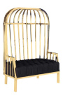 Grand fauteuil carrosse "Helios" en acier inoxydable doré et lin noir