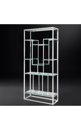 Storage cabinet "Gaia" silver finish stainless steel and glass shelves