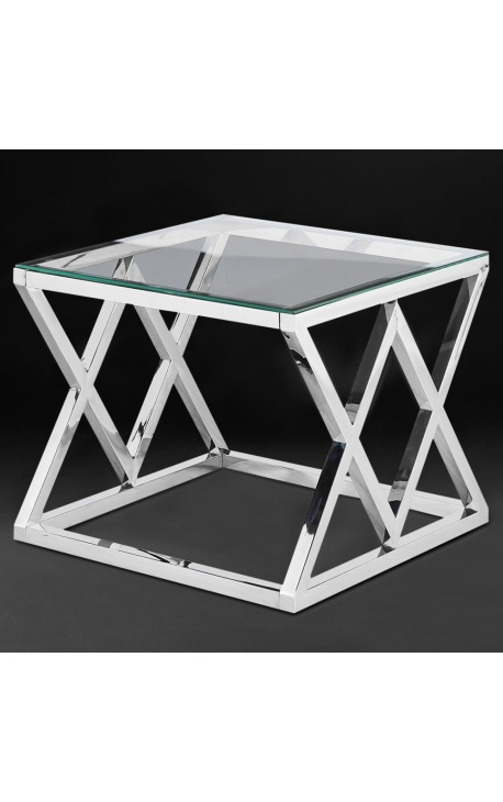 Side table "Nyx" in silver finish stainless steel and glass top