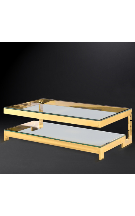 Large Coffee Table Hermes In Gold Finish Stainless Steel And Glass Top
