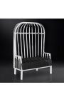 Grand fauteuil carrosse "Helios" en acier inoxydable argenté et lin noir