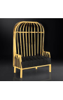 Grand fauteuil carrosse "Helios" en acier inoxydable doré et lin noir