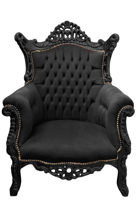 Grand fauteuil Baroque rococo velours noir et bois noir