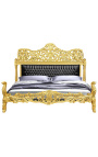 Baroque bed leatherette black with rhinestones and gold wood