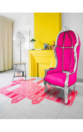 Grand fauteuil carrosse de style baroque tissu velours fuchsia et bois argent