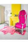 Grand fauteuil carrosse de style baroque tissu velours fuchsia et bois argent