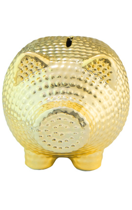 Money bank pig in golden hammered ceramic