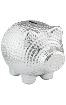 Money bank pig in silvered hammered ceramic