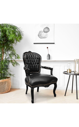 Fauteuil Louis XV de style baroque simili cuir noir et bois noir