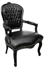 Barocker Sessel aus schwarzem Kunstleder im Louis-XV-Stil und schwarz glänzendem Holz