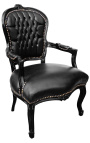 Fauteuil Louis XV de style baroque simili cuir noir et bois noir