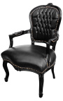 Fauteuil Louis XV de style baroque simili cuir noir et bois noir