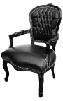 Baroque armchair of Louis XV style black leatherette and black glossy wood